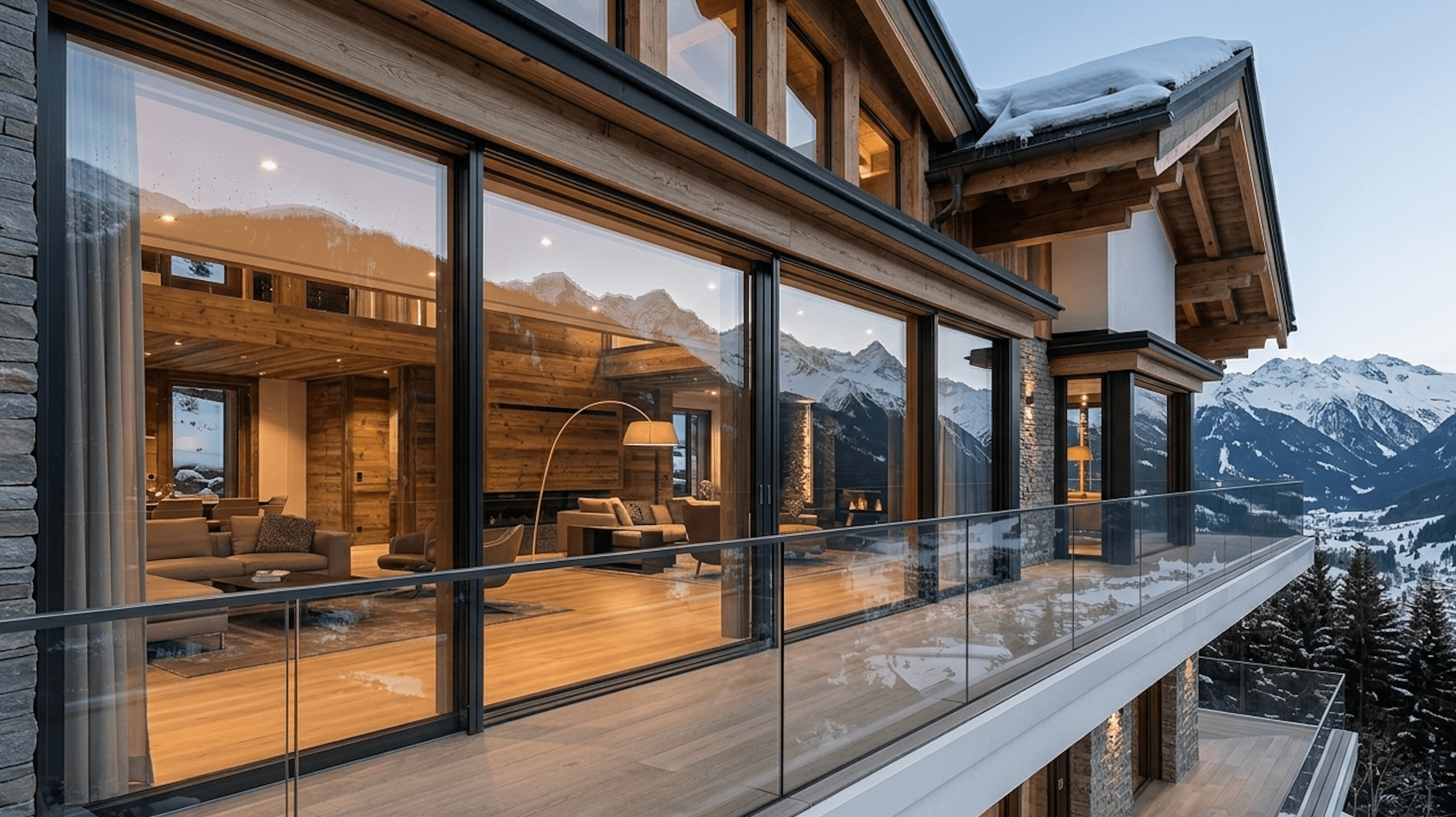 Garde-corps en verre, balcon de chalet face aux sommets enneigés.
