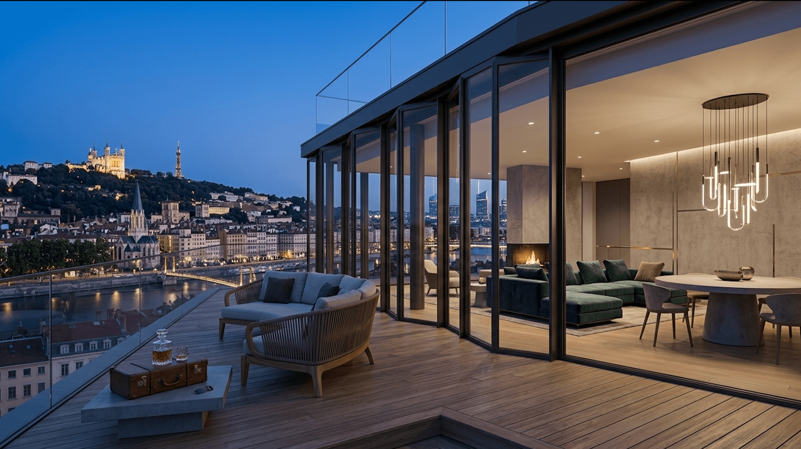 Garde-corps en verre, terrasse panoramique sur la ville de Lyon.