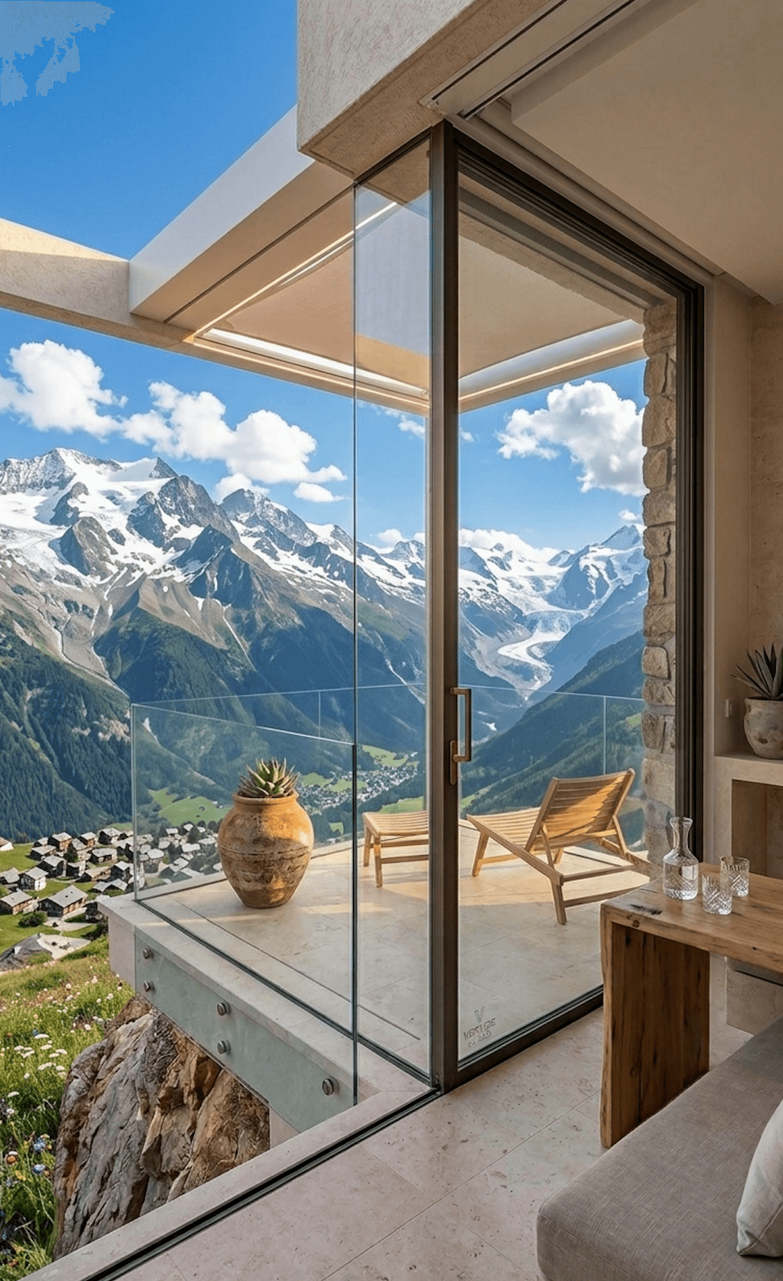 Baie vitrée XXL d'un chalet contemporain, vue sur les sommets enneigés.