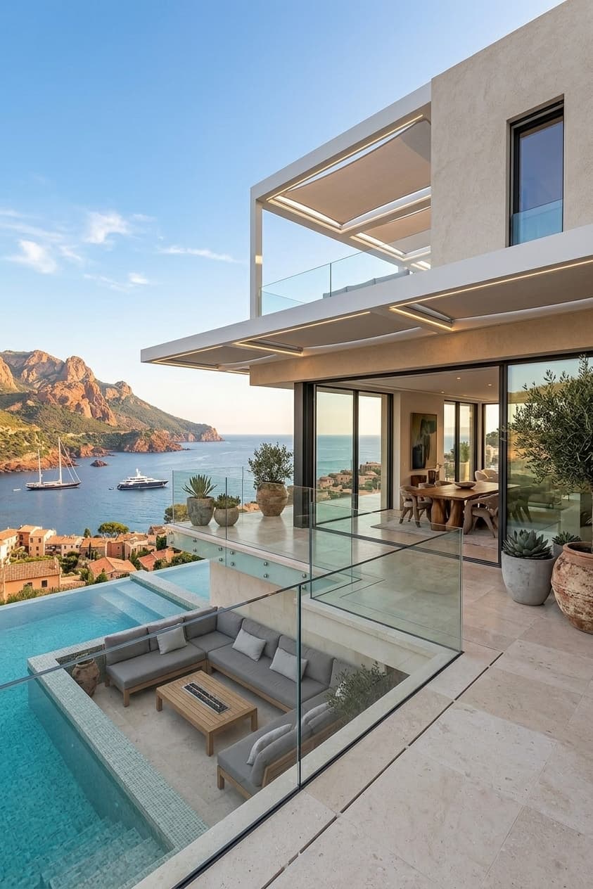 Garde-corps en verre, villa avec piscine à débordement face à la Méditerranée.