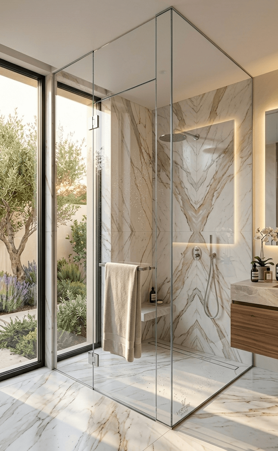 Paroi de douche XXL en verre extra-clair, salle de bains marbre — appartement de prestige à Lyon.