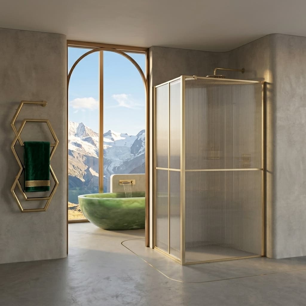 Paroi de douche XXL grande hauteur, salle de bains de chalet avec vue sur les sommets enneigés.