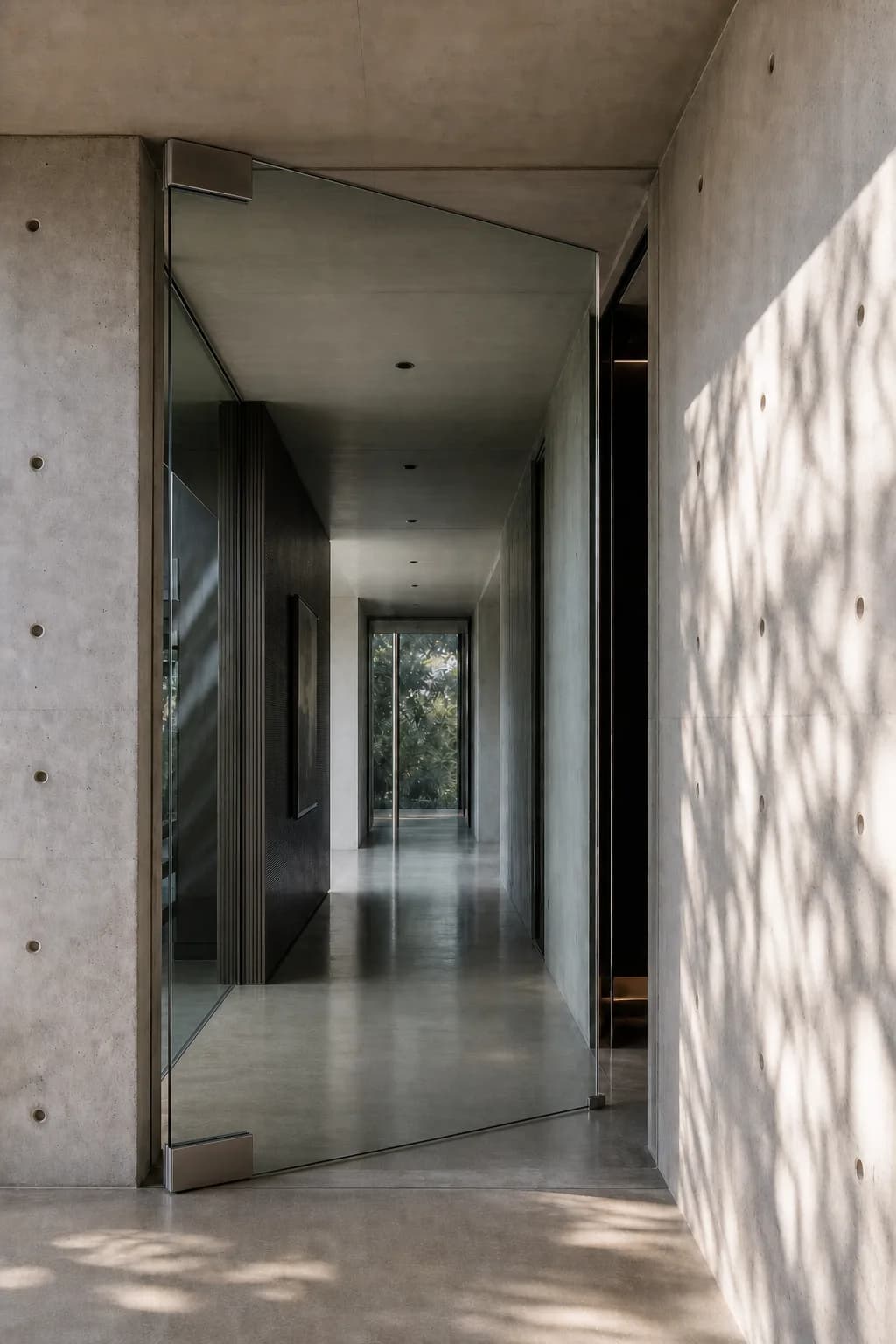 Porte vitrée pivotante VERTIGE — verre extra-clair, mécanisme invisible.
